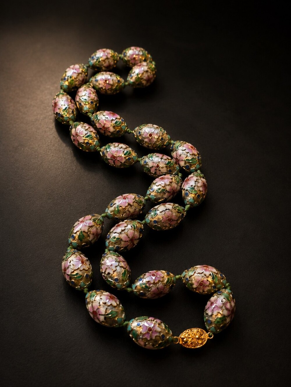 Vintage Chinese Cloissone Oval Beaded  Floral Choker Necklace Stamped